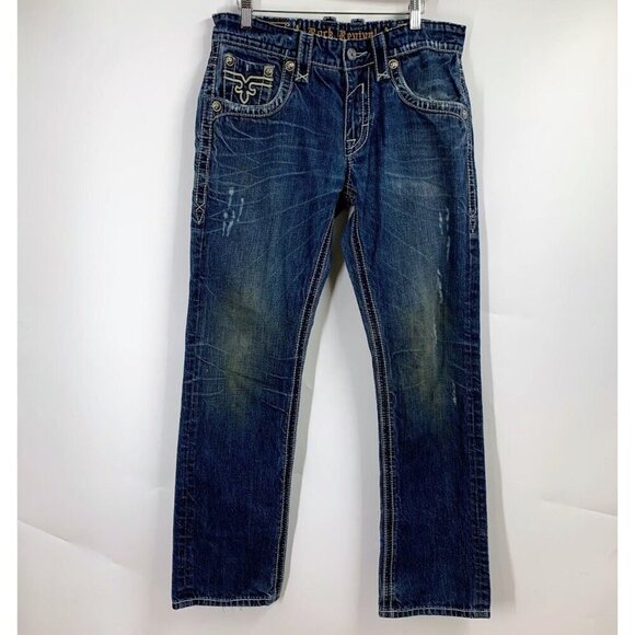Rock Revival Men's Dexter Straight Medium Wash Distressed Embellished Size 32x30 - Picture 1 of 14